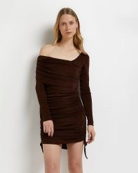 RIVER ISLAND BROWN ASYMMETRIC BODYCON DRESS ~ ruched off shoulder going out dresses