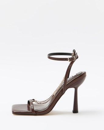 RIVER ISLAND BROWN CHAIN DETAIL STRAPPY HEELED SANDALS ~ party heels - flipped