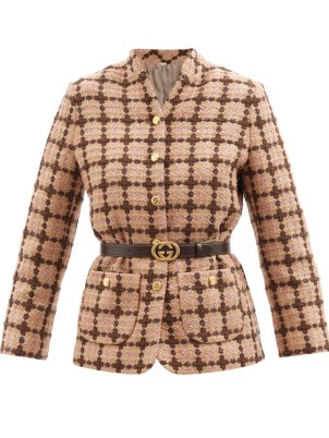 GUCCI Checked lamé tweed belted jacket ~ women’s textured fabric metallic thread jackets ~ womens designer vintage style fashion