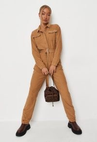 MISSGUIDED brown cord belted utility denim jumpsuit ~ corduroy pocket detail jumpsuits