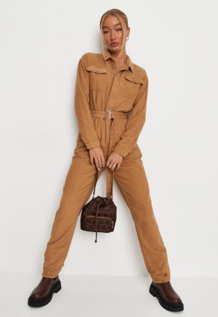 MISSGUIDED brown cord belted utility denim jumpsuit ~ corduroy pocket detail jumpsuits - flipped