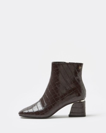 RIVER ISLAND BROWN CROC EMBOSSED BLOCK HEELED BOOTS ~ womens crocodile effect winter footwear