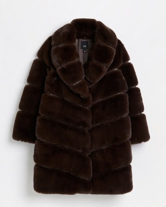 RIVER ISLAND BROWN FAUX FUR PANELED COAT / women’s glamorous winter coats
