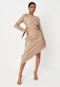 MISSGUIDED brown faux leather cut out asymmetric midaxi dress ~ side cutout gathered detail dresses ~ on-trend going out evening fashion