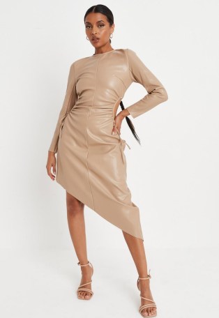 MISSGUIDED brown faux leather cut out asymmetric midaxi dress ~ side cutout gathered detail dresses ~ on-trend going out evening fashion - flipped