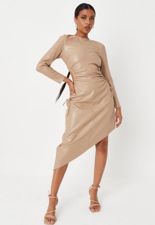 MISSGUIDED brown faux leather cut out asymmetric midaxi dress ~ side cutout gathered detail dresses ~ on-trend going out evening fashion