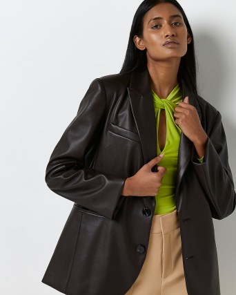 RIVER ISLAND BROWN FAUX LEATHER OVERSIZED BLAZER / womens on-trend blazers / women’s fashionable relaxed fit jackets - flipped