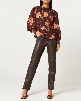 RIVER ISLAND BROWN FLORAL PEPLUM TOP - flipped