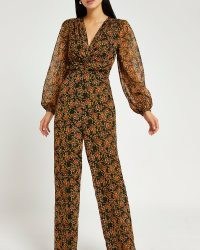 RIVER ISLAND BROWN FLORAL RUCHED JUMPSUIT ~ sheer sleeve jumpsuits