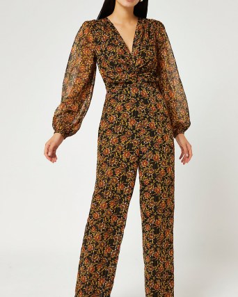 RIVER ISLAND BROWN FLORAL RUCHED JUMPSUIT ~ sheer sleeve jumpsuits - flipped