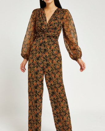 RIVER ISLAND BROWN FLORAL RUCHED JUMPSUIT ~ sheer sleeve jumpsuits