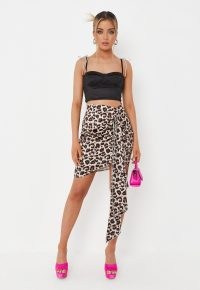 MISSGUIDED brown leopard print satin drape front mini skirt – going out evening fashion – animal print skirts