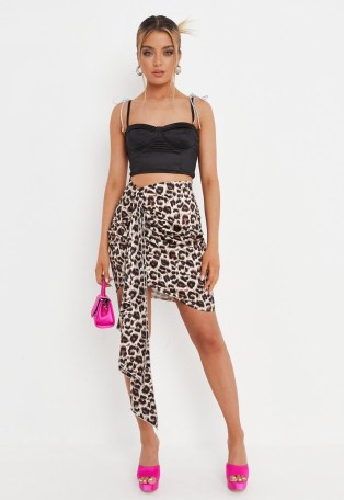 MISSGUIDED brown leopard print satin drape front mini skirt – going out evening fashion – animal print skirts - flipped