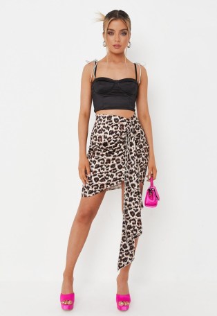 MISSGUIDED brown leopard print satin drape front mini skirt – going out evening fashion – animal print skirts