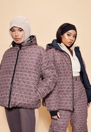 MISSGUIDED brown msgd sports all over print reversible ski puffer jacket ~ womens padded logo printed winter jackets - flipped