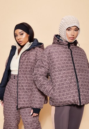 MISSGUIDED brown msgd sports all over print reversible ski puffer jacket ~ womens padded logo printed winter jackets