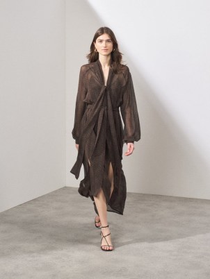 RAEY Raglan-sleeve brown leopard-print silk maxi dress – sheer flowing occasion dresses – feminine billowy silhouette fashion - flipped