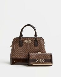 River Island BROWN RI MONOGRAM TOTE BAG AND PURSE BUNDLE | chic top handle bags | womens on-trend fashion accessories
