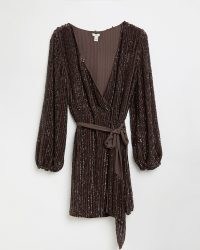 RIVER ISLAND BROWN SEQUIN WRAP DRESS ~ sequinned tie waist party dresses