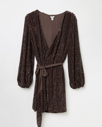 RIVER ISLAND BROWN SEQUIN WRAP DRESS ~ sequinned tie waist party dresses - flipped
