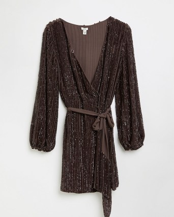 RIVER ISLAND BROWN SEQUIN WRAP DRESS ~ sequinned tie waist party dresses