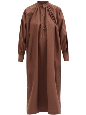 TOOGOOD The Shepherd gathered cotton-poplin dress in brown ~ long sleeve point collar dresses ~ women’s effortless style clothing