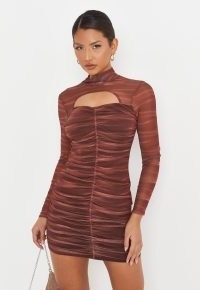 MISSGUIDED brown tie dye mesh cut out ruched front mini dress ~ long sleeve high neck front cutout dresses – going out fashion