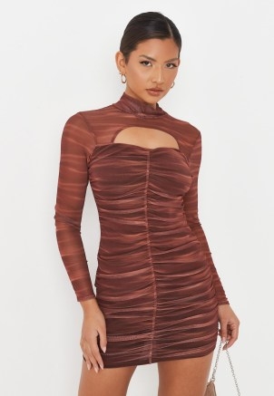 MISSGUIDED brown tie dye mesh cut out ruched front mini dress ~ long sleeve high neck front cutout dresses – going out fashion - flipped