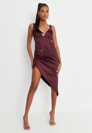 MISSGUIDED burgundy corset detail asymmetric satin midaxi dress ~ sleeveless plunge front fitted bodice party dresses ~ rich jewel tones ~ on-trend going out evening fashion - flipped