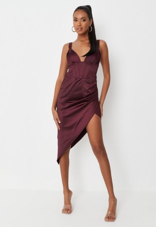 MISSGUIDED burgundy corset detail asymmetric satin midaxi dress ~ sleeveless plunge front fitted bodice party dresses ~ rich jewel tones ~ on-trend going out evening fashion