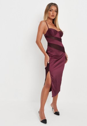 MISSGUIDED burgundy satin mesh cut out bodycon midi dress ~ strappy bust cup evening dresses ~ glamorous party fashion - flipped