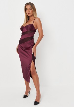 MISSGUIDED burgundy satin mesh cut out bodycon midi dress ~ strappy bust cup evening dresses ~ glamorous party fashion