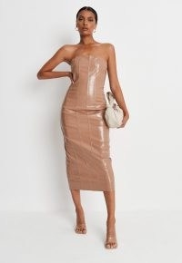 MISSGUIDED camel faux leather mock croc print bandeau midaxi dress ~ light brown strapless crocodile effect column dresses ~ on-trend going out fashion ~ party glamour
