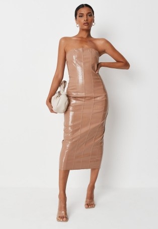 MISSGUIDED camel faux leather mock croc print bandeau midaxi dress ~ light brown strapless crocodile effect column dresses ~ on-trend going out fashion ~ party glamour - flipped