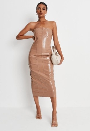 MISSGUIDED camel faux leather mock croc print bandeau midaxi dress ~ light brown strapless crocodile effect column dresses ~ on-trend going out fashion ~ party glamour