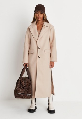 MISSGUIDED camel side split formal midaxi coat ~ womens light brown longline coats - flipped