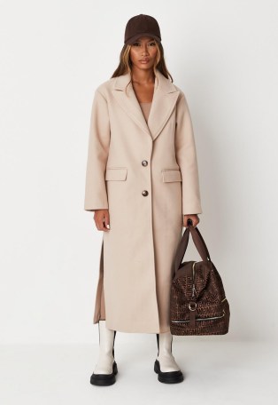 MISSGUIDED camel side split formal midaxi coat ~ womens light brown longline coats