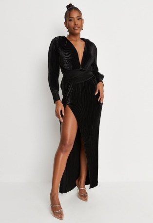 carli bybel x missguided black plisse twist front midaxi dress ~ plunge front thighhigh split evening fashion ~ party glamour - flipped