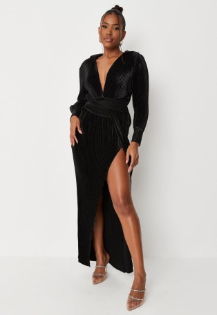 carli bybel x missguided black plisse twist front midaxi dress ~ plunge front thighhigh split evening fashion ~ party glamour