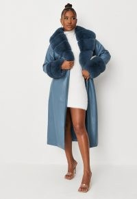 carli bybel x missguided blue faux leather faux fur trim trench coat ~ womens tie waist wrap style coats ~ on-trend winter outerwear