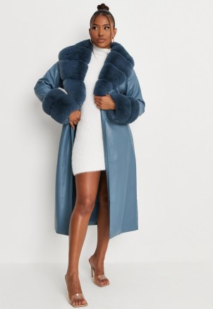 carli bybel x missguided blue faux leather faux fur trim trench coat ~ womens tie waist wrap style coats ~ on-trend winter outerwear - flipped