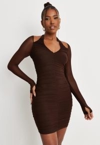 carli bybel x missguided chocolate halterneck long sleeve mesh ruched mini dress ~ dark brown sheer sleeve bodycon dresses