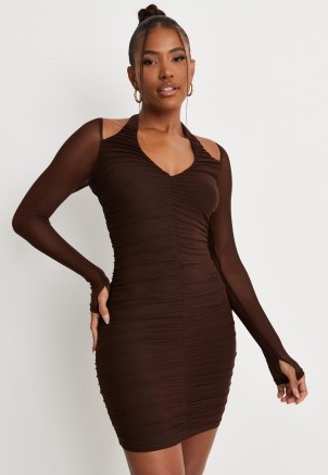 carli bybel x missguided chocolate halterneck long sleeve mesh ruched mini dress ~ dark brown sheer sleeve bodycon dresses