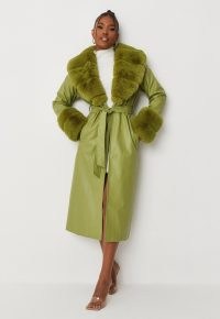carli bybel x missguided green faux leather faux fur trim trench coat ~ glamorous luxe style winter coats