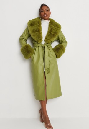 carli bybel x missguided green faux leather faux fur trim trench coat ~ glamorous luxe style winter coats - flipped
