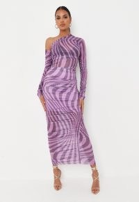 carli bybel x missguided lilac swirl print mesh ruched midaxi dress ~ semi sheer one shoulder dresses ~ glamorous party fashion ~ going out evening glamour