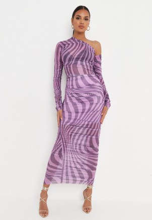 carli bybel x missguided lilac swirl print mesh ruched midaxi dress ~ semi sheer one shoulder dresses ~ glamorous party fashion ~ going out evening glamour - flipped