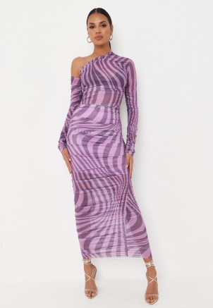 carli bybel x missguided lilac swirl print mesh ruched midaxi dress ~ semi sheer one shoulder dresses ~ glamorous party fashion ~ going out evening glamour