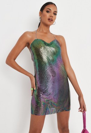 carli bybel x missguided purple ombre chainmail halterneck cowl neck mini dress ~ strappy back metallic chain mail dresses - flipped