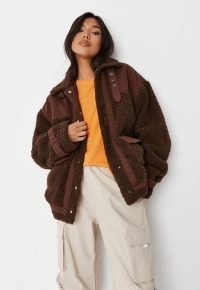 MISSGUIDED chocolate borg teddy denim mix jacket ~ womens brown textured faux fur jackets ~ women’s casual outerwear